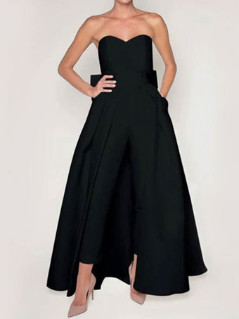 ブラックイブニングドレスA ラインストラップレスノースリーブジッパー弓サテン生地レッドフォーマルドレス結婚式のゲストドレス
