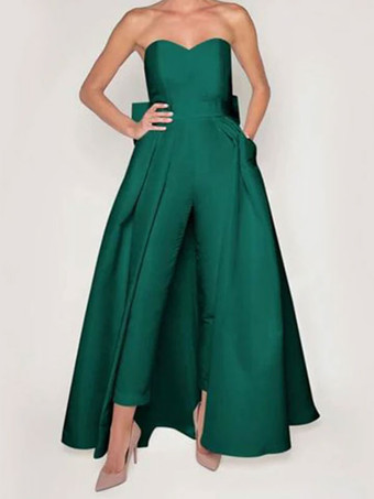 ダークグリーンイブニングドレスA ラインストラップレスノースリーブジッパー弓サテン生地レッドフォーマルドレス結婚式のゲストドレス