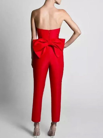 イブニングドレスA ラインストラップレスノースリーブジッパー弓サテン生地レッドフォーマルドレス結婚式のゲストドレス