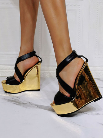 ハイヒールサンダルブラックPUレザーオープントゥセクシーウェッジヒールサンダル