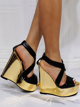 ハイヒールサンダルブラックPUレザーオープントゥセクシーウェッジヒールサンダル