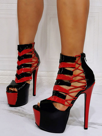 女性のセクシーなサンダルレッドパテントPUアッパーオープントゥスチレットヒールサマーブーツ