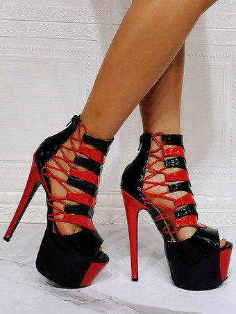 女性のセクシーなサンダルレッドパテントPUアッパーオープントゥスチレットヒールサマーブーツ