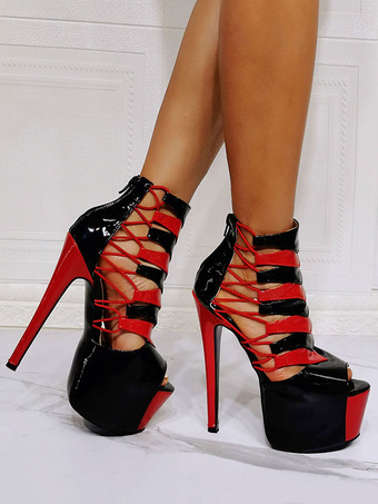女性のセクシーなサンダルレッドパテントPUアッパーオープントゥスチレットヒールサマーブーツ