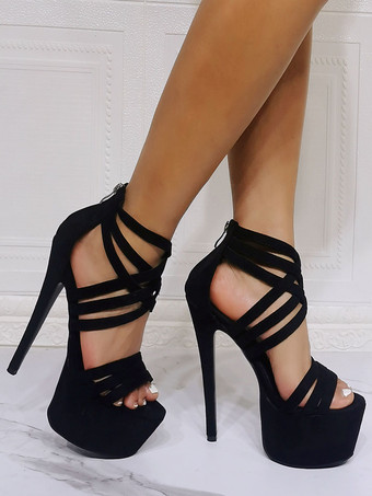 女性のセクシーなサンダルブラックマイクロスエードアッパーオープントゥスチレットヒール