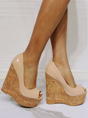 肌色ハイヒールヌードパテントPUアッパーピープトウウェッジヒールセクシーサンダル