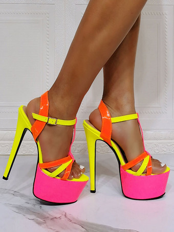 ハイヒールセクシーサンダルイエローパテントPUアッパーオープントゥスティレットヒールアンクルストラップヒール
