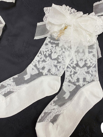 ホワイト スチームパンクなロリータストッキングブラックレースアクセサリーポリエステルレースロリータソックス