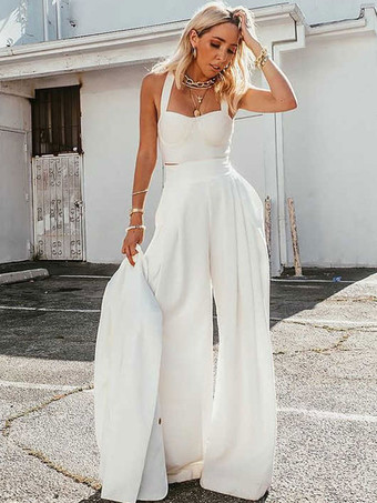 Zweiteilige Sets Weiß Lycra Spandex Square Neck Plissee Casual Top Ärmelloses Outfit Für Frauen