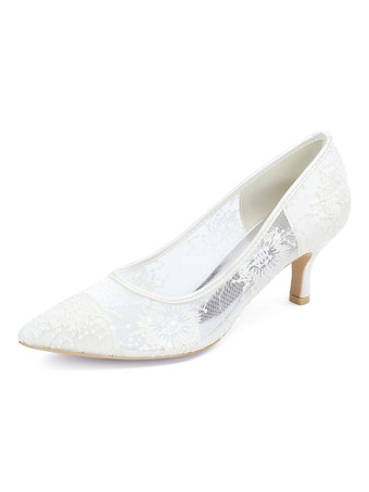 ホワイト 結婚式の靴レースアイボリー先のとがったつま先子猫ヒールスリップオンブライダルヒール