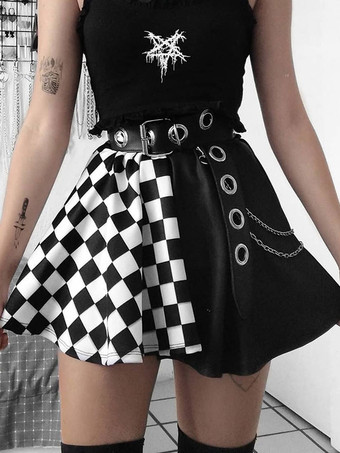 Gothic Skirt For Women Black Chains Grommets Hip Hop Polyester Plaid Pattern Mini Skirt