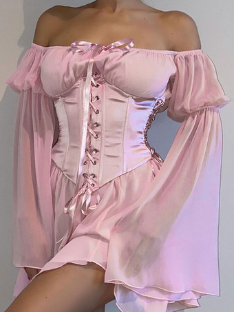 Abbigliamento gotico Abito estivo aderente in poliestere plissettato con lacci rosa