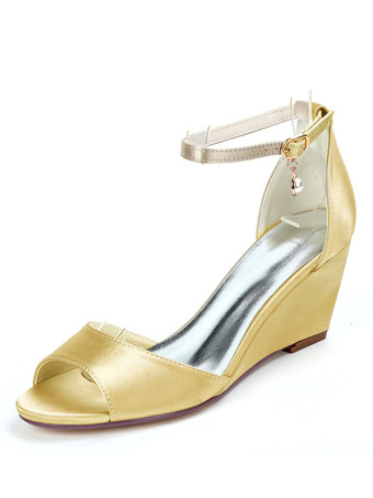 ゴールド ウェディングシューズアイボリーサテンパールオープントゥアンクルストラップウェッジヒールブライダルシューズ