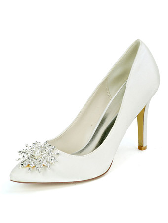 アイボリー ウェディングシューズホワイトサテンラインストーン尖ったつま先スティレットヒールブライダルシューズ