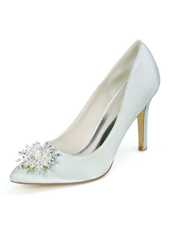 シルバー ウェディングシューズホワイトサテンラインストーン尖ったつま先スティレットヒールブライダルシューズ