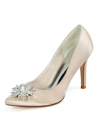 シャンパンカラーウェディングシューズホワイトサテンラインストーン尖ったつま先スティレットヒールブライダルシューズ