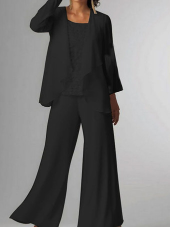 NoirTenue de mère de mariée Tenue de mariage d'invitée blanche en chiffon 3 pièces
