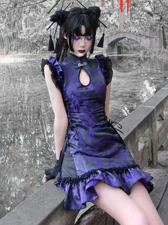 Robe gothique Lolita OP Violet sans manches en polyester Jacquard Robe Lolita de style chinois