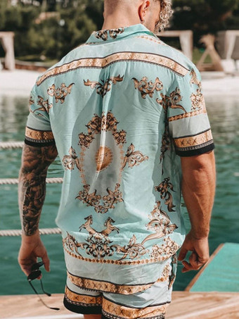 メンズアクティブウェア2ピースプリント半袖ライトスカイブルー