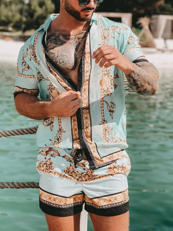 ライトスカイブルーメンズアクティブウェア2ピースプリント半袖ライトスカイブルー