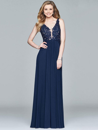 インクブルーウエディングドレスブラックAラインVネックノースリーブシフォンノースリーブロングレースウェディングゲストドレス