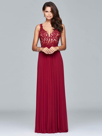 レッド ウエディングドレスブラックAラインVネックノースリーブシフォンノースリーブロングレースウェディングゲストドレス