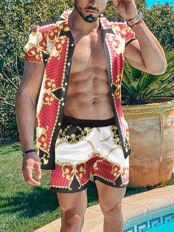 レッド メンズアクティブウェア2ピースプリント半袖ターンダウンカラーレッド