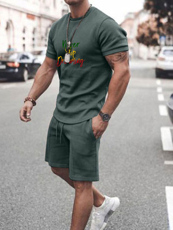 Grün Herren ActiveWear 2-teilig Gedruckt Kurzarm Juwel Halsgrau