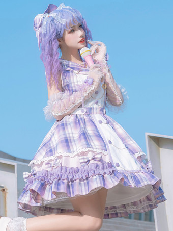 Vêtements d'idole Robe Lolita JSK Motif à imprimé lilas Noeuds Détails en métal Jupes sans manches en Lolita