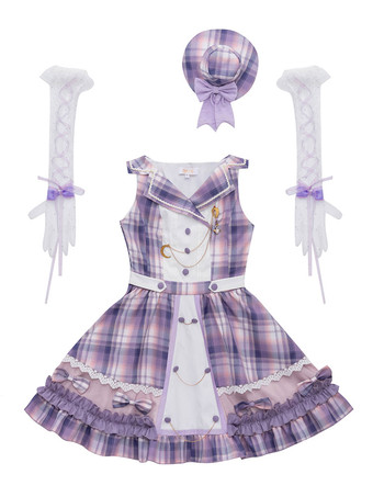 アイドル服ロリータJSKドレスライラックプリント柄リボンメタルディテールノースリーブポリエステルロリータジャンパースカート