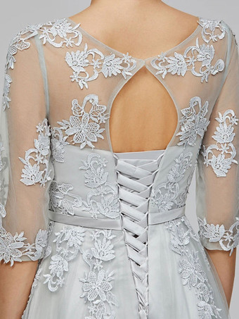 ウエディングドレスライトグレージュエルネックボールガウン半袖レースアップアップリケロングパーティードレス