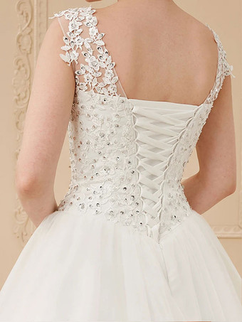 Günstige Brautkleider White Jewel Neck Sleeveless Soft Tüll Lace Up Bodenlangen Brautkleider