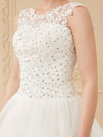 Günstige Brautkleider White Jewel Neck Sleeveless Soft Tüll Lace Up Bodenlangen Brautkleider