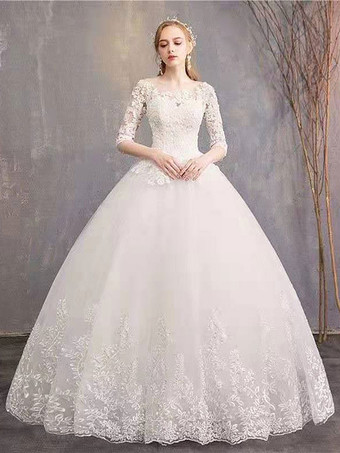 Ecru White Cheap Princess Ball Gown Wedding Dresses 2024 Jewel Neck Half-Sleeve Tulle Lace Up Floor Length Bride Dresses 