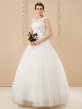 Günstige Brautkleider White Jewel Neck Sleeveless Soft Tüll Lace Up Bodenlangen Brautkleider