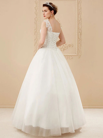 Günstige Brautkleider White Jewel Neck Sleeveless Soft Tüll Lace Up Bodenlangen Brautkleider