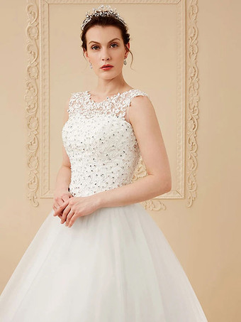 Günstige Brautkleider White Jewel Neck Sleeveless Soft Tüll Lace Up Bodenlangen Brautkleider