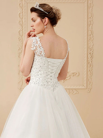 Günstige Brautkleider White Jewel Neck Sleeveless Soft Tüll Lace Up Bodenlangen Brautkleider