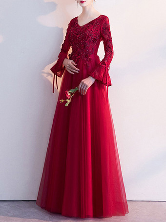 ウエディングドレスブルゴーニュVネックAライン長袖ビーズレースアップレースチュールウェディングゲストドレス