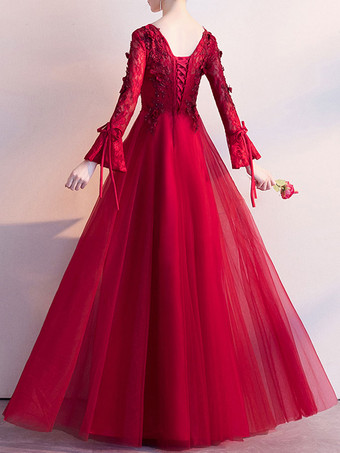 ウエディングドレスブルゴーニュVネックAライン長袖ビーズレースアップレースチュールウェディングゲストドレス