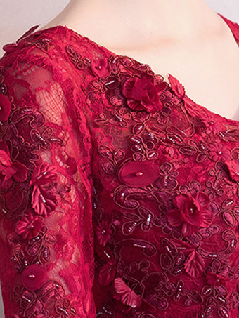 ウエディングドレスブルゴーニュVネックAライン長袖ビーズレースアップレースチュールウェディングゲストドレス