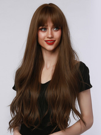 Peluca larga de mujer marrón café pelucas sintéticas largas con capas de fibra resistente al calor