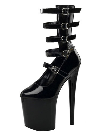 ブラック 女性のセクシーなブーツラウンドトゥバックルスティレットヒールレイブクラブブラックサイハイブーツ膝上ブーツ ポールダンスシューズ