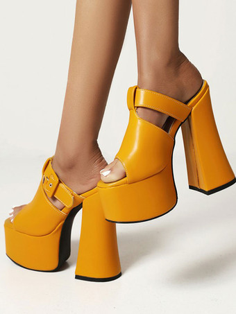 女性のためのセクシーなサンダル黄色のPUレザーのぞき見つま先チャンキーヒールセクシーなヒールミュール