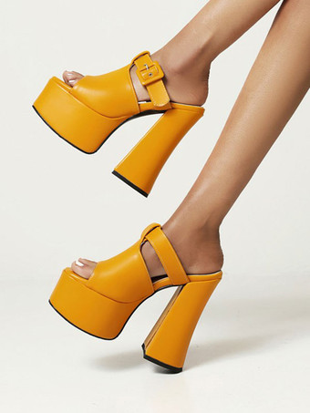 女性のためのセクシーなサンダル黄色のPUレザーのぞき見つま先チャンキーヒールセクシーなヒールミュール