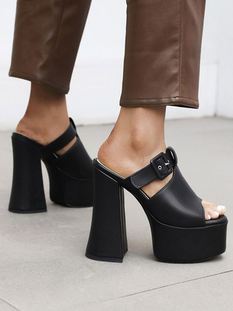 女性のためのセクシーなサンダル黄色のPUレザーのぞき見つま先チャンキーヒールセクシーなヒールミュール