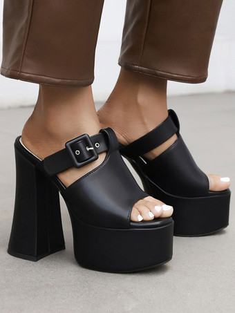 ブラック 女性のためのセクシーなサンダル黄色のPUレザーのぞき見つま先チャンキーヒールセクシーなヒールミュール