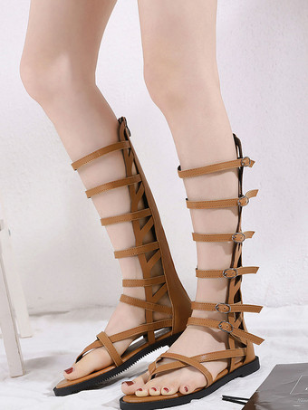 ブラックグラディエーターサンダルPUレザーラウンドトゥバックルブラックサマーブーツグラディエーターサンダル