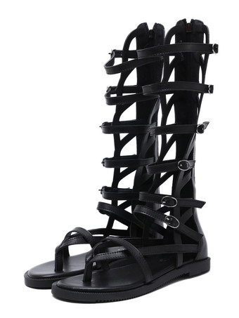 ブラックグラディエーターサンダルPUレザーラウンドトゥバックルブラックサマーブーツグラディエーターサンダル