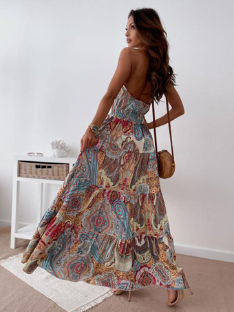 Maxi vestiti Blu senza maniche stampato floreale con scollo gioiello Abito senza schienale in poliestere